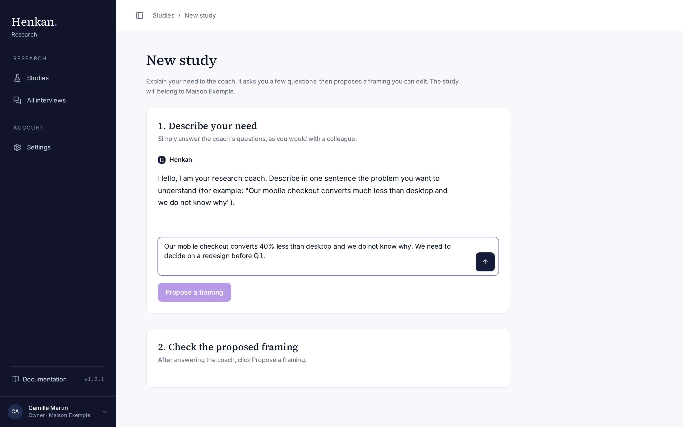 The New study page, with a first answer typed for the coach.