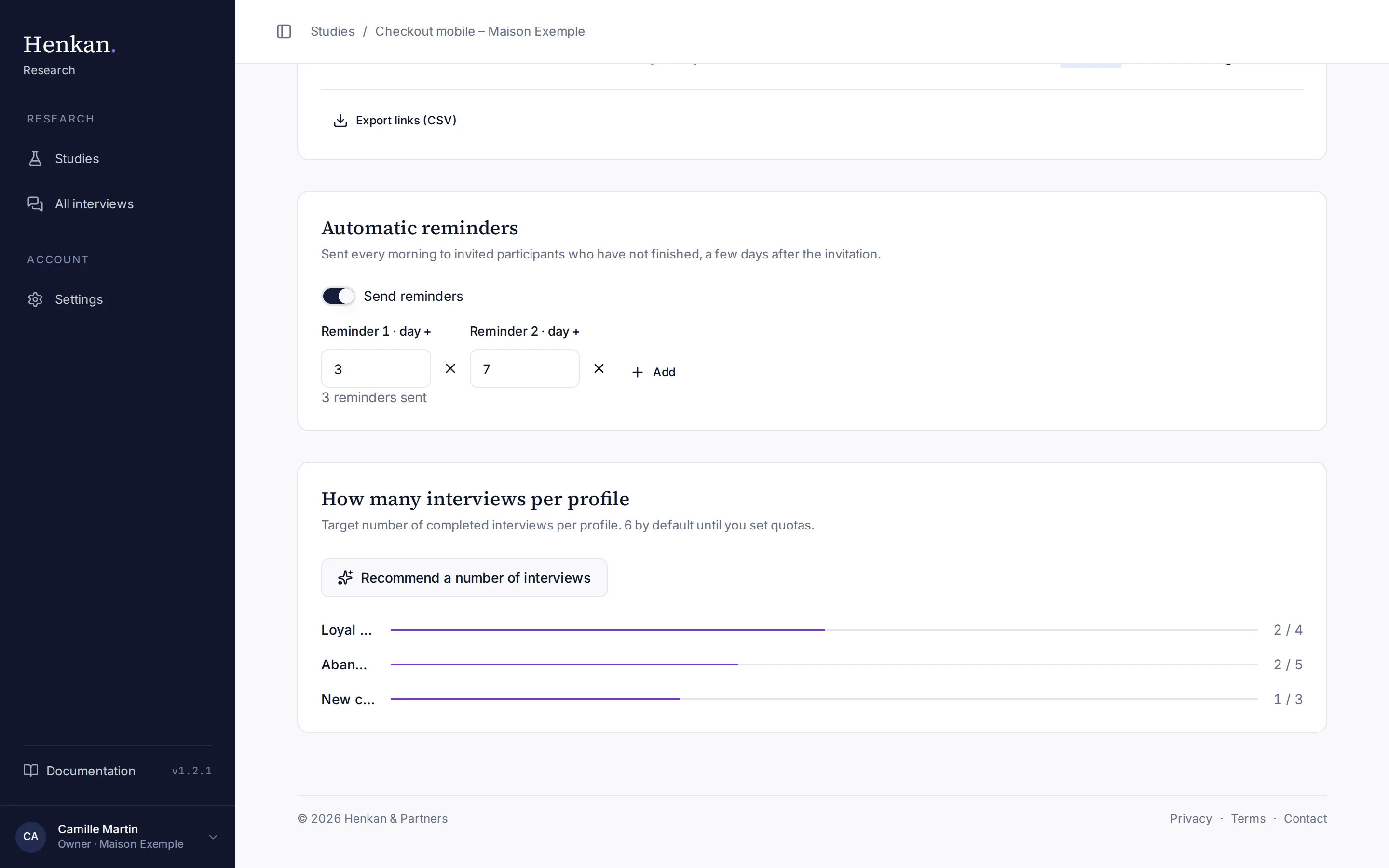 Automatic reminders and interview targets per profile, lower in the Recruitment tab.