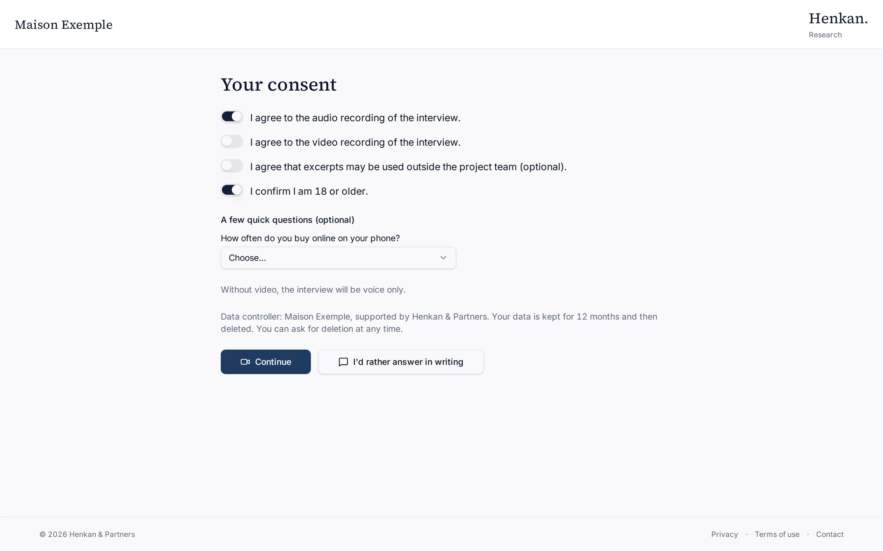 The consent screen with audio recording and age confirmed.