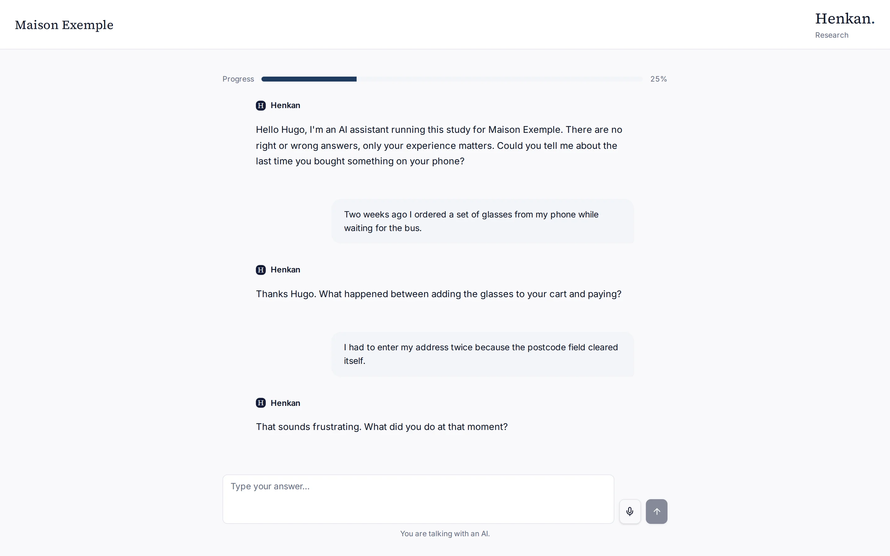 A written interview in progress, resumed by the participant.