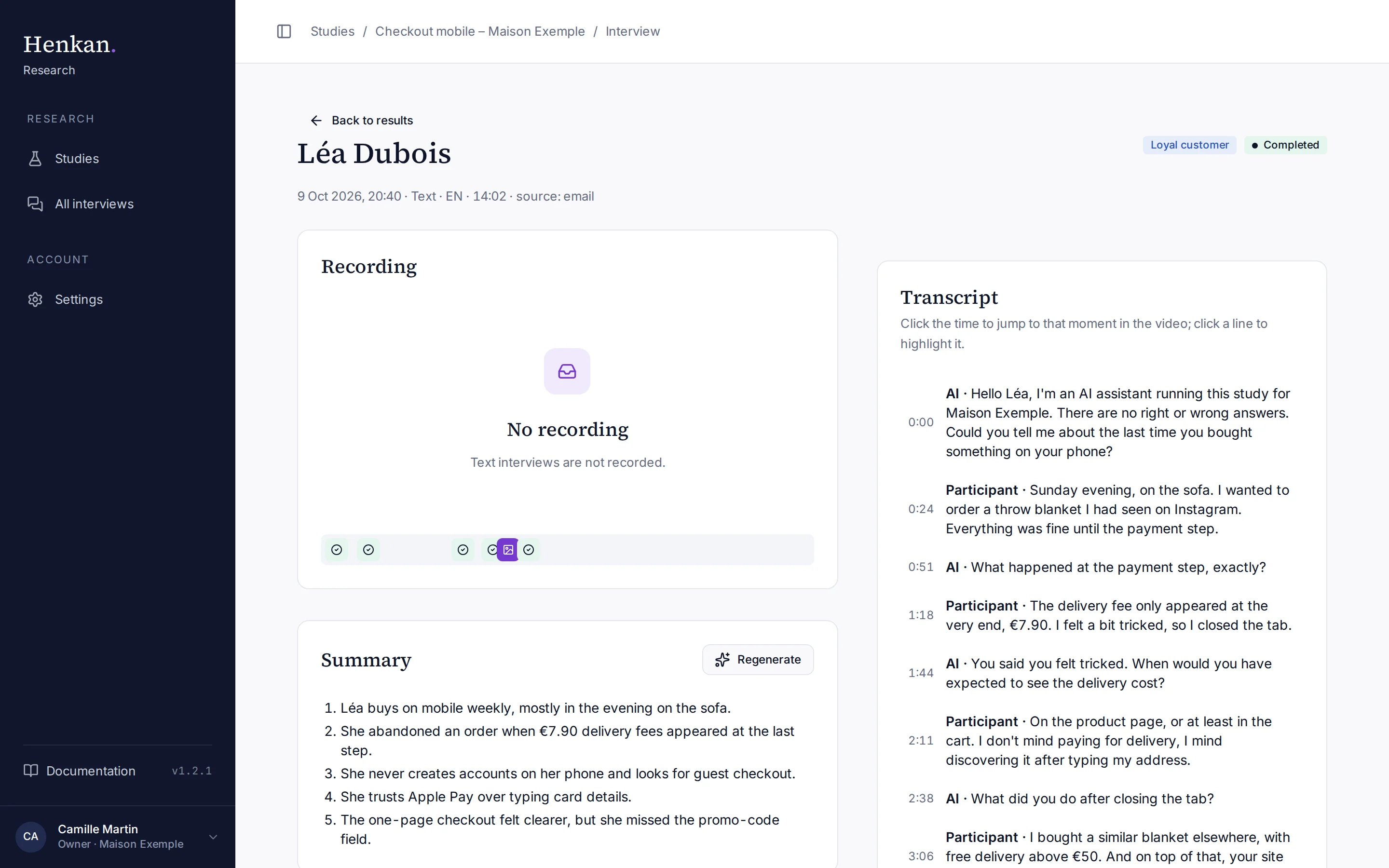 The interview page of a written interview.