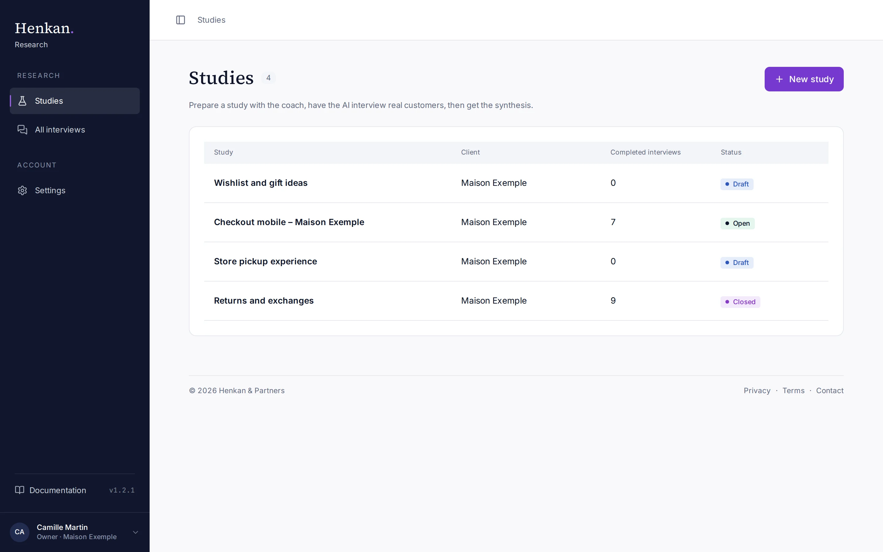 The Studies page with the demo study and a few other studies.